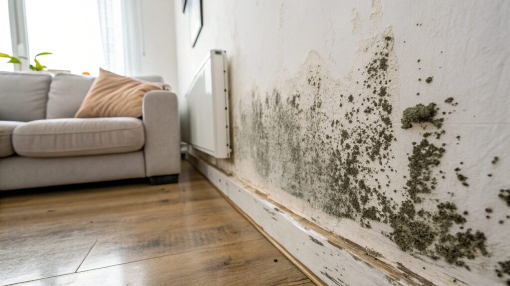 Black Mold Spreading on Wall of Damp Humid Home Apartment or House, Causing Allergy and Asthma